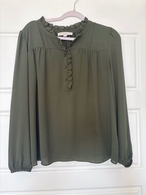 LOFT Olive Ruffle-Placket Long Sleeve Blouse